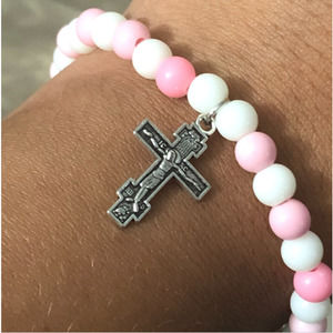 Stretch rosary bracelet handmade with pink and white round beads